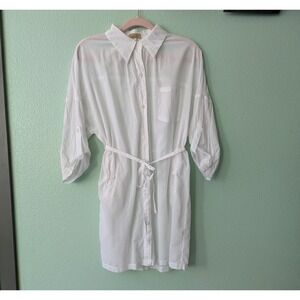 Piko 1988 White Button Up 100% Cotton Organza Overlay Belt Swim Cover Dress